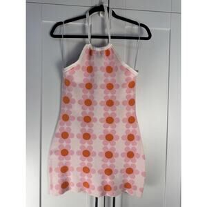 NWT BaeVely Halter Dress Floral Pink Orange Retro Knit Mini Beach Womens M